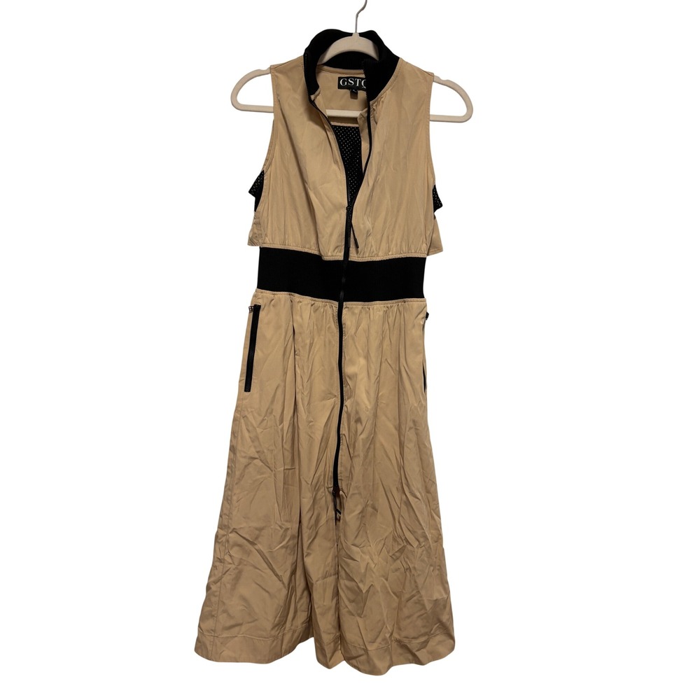 GSTQ Tan Sleeveless Utility Midi Dress Zip Front Ribbed Waist Tan Black Small